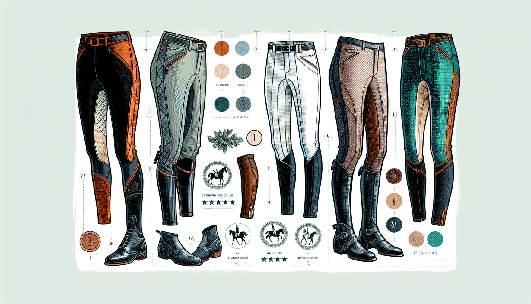 A detailed illustration showcasing multiple variations of women's high-performance dressage breeches. Focus on presenting a variety of styles and designs, highlighting the key features that cater to t