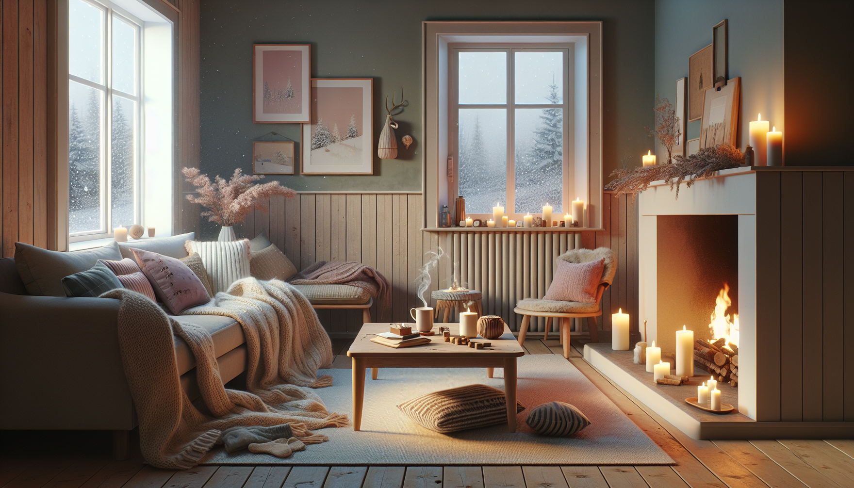 Depict the Danish concept of Hygge, characterized by a sense of cozy comfort. This scene unfolds in a typical Scandinavian living room. The walls are adorned with soft pastel colours, there is a plush