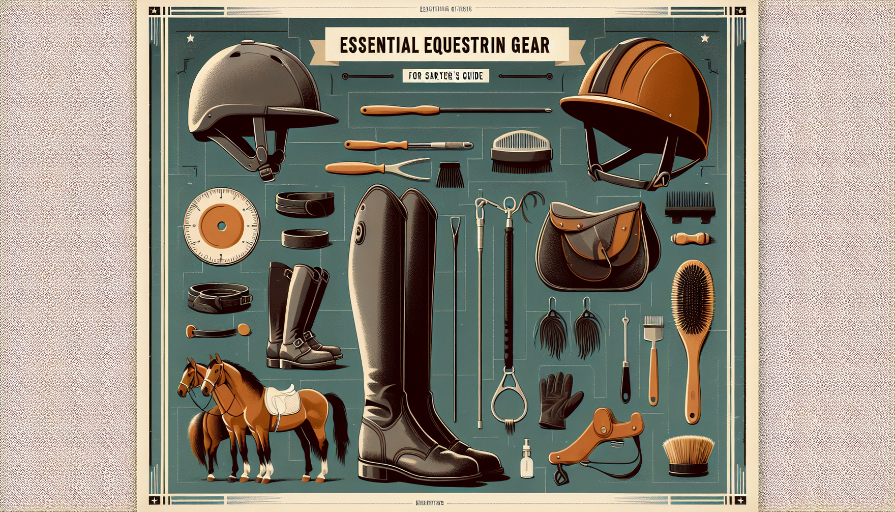 Imagine a visual layout designed like an informative poster. At the top, bold letters spell out 'Essential Equestrian Gear for Beginners: A Starter's Guide.' Below, neatly arranged and spaced apart, a