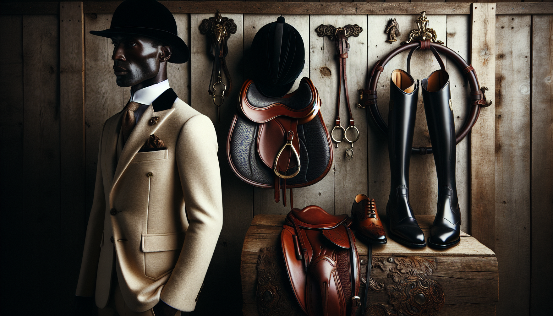 A scene portraying chic equestrian essentials, combining both tradition and modern sophistication. A middle-aged Black male in a finely tailored riding ensemble, complete with a cream-colored riding j