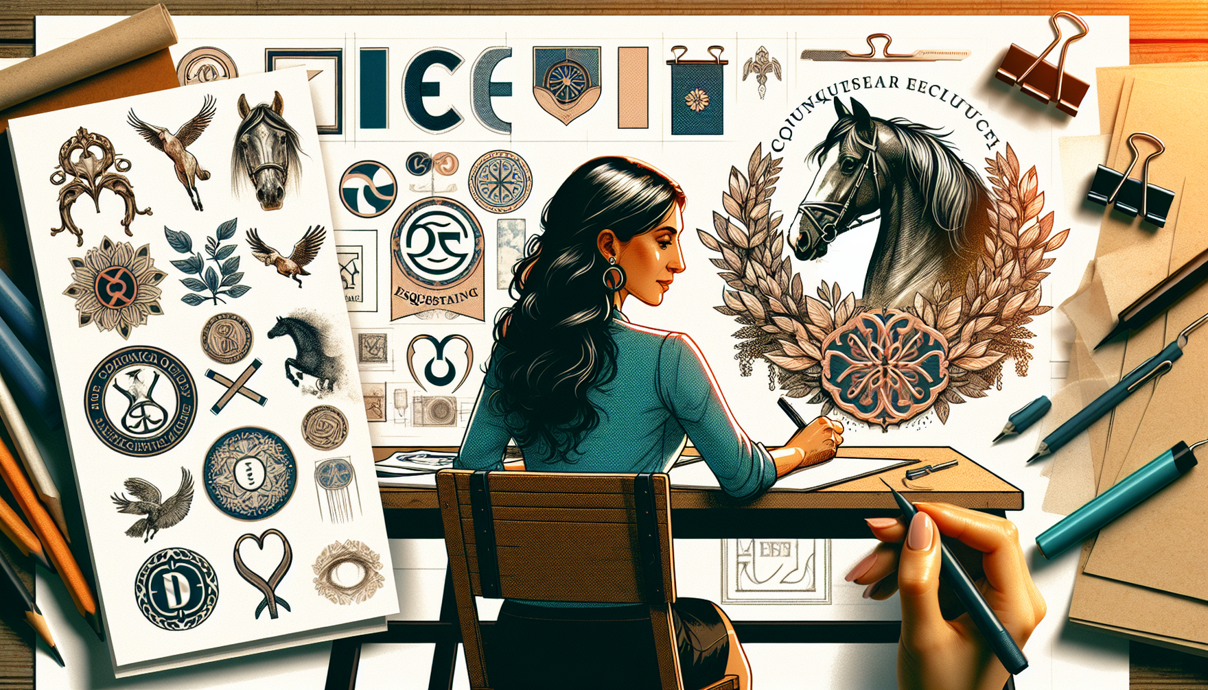 An illustration showing the meticulous process of conveying equestrian culture through symbolism and design elements in a unique branding style. The image can focus on different areas such as logo cre