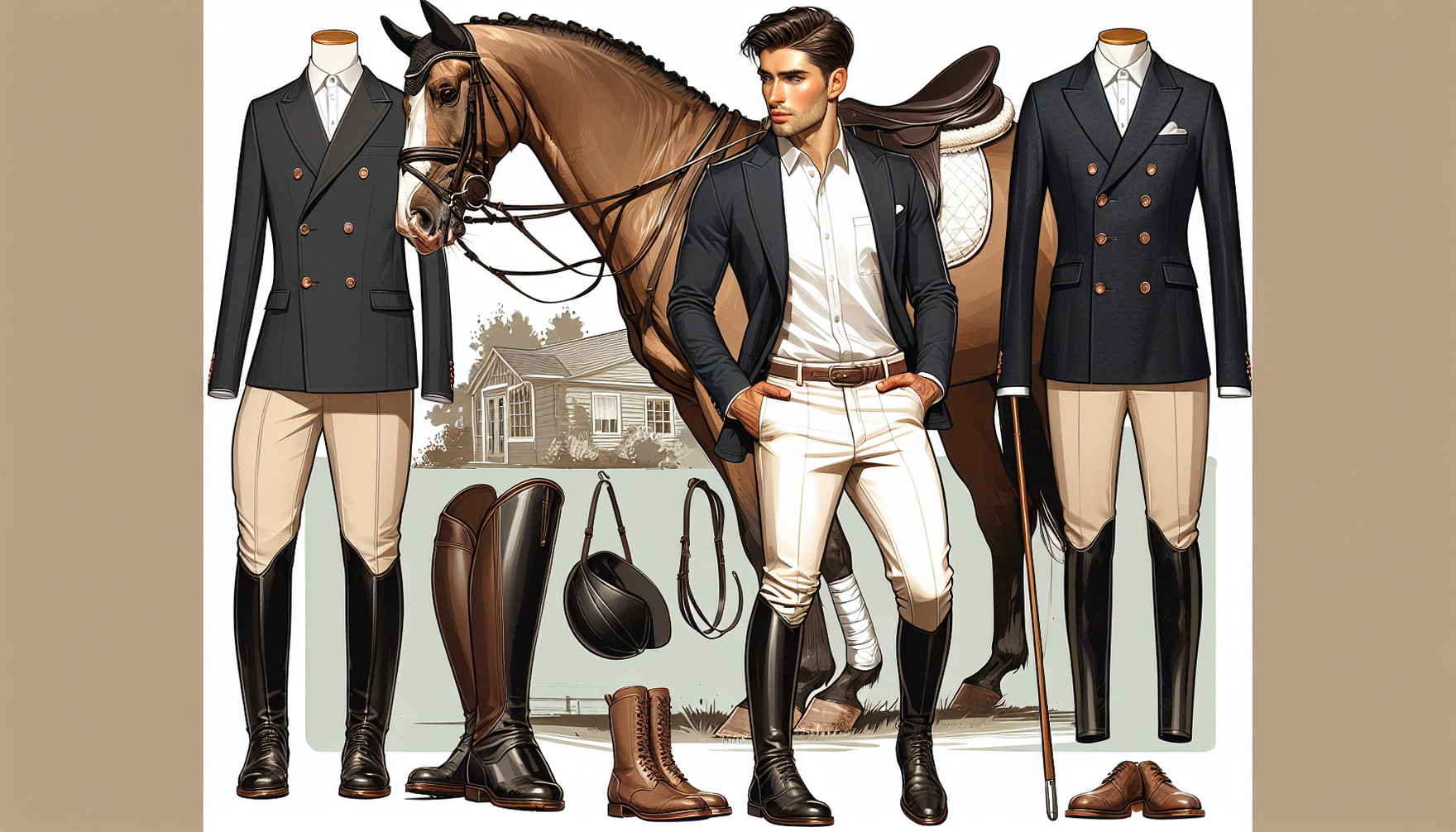 Let's envision a comprehensive equestrian look, a perfect blend of fashion and functionality. Imagine a male Hispanic rider, his outfit composed of a smart riding blazer, crisp white shirt, and beige 