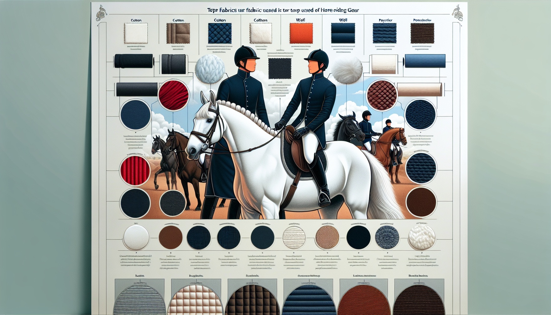 A comprehensive visual poster detailing the top fabrics used in horse riding gear. In this image, various types of fabrics like cotton, wool, polyester, and leather are neatly arranged. Each fabric ty
