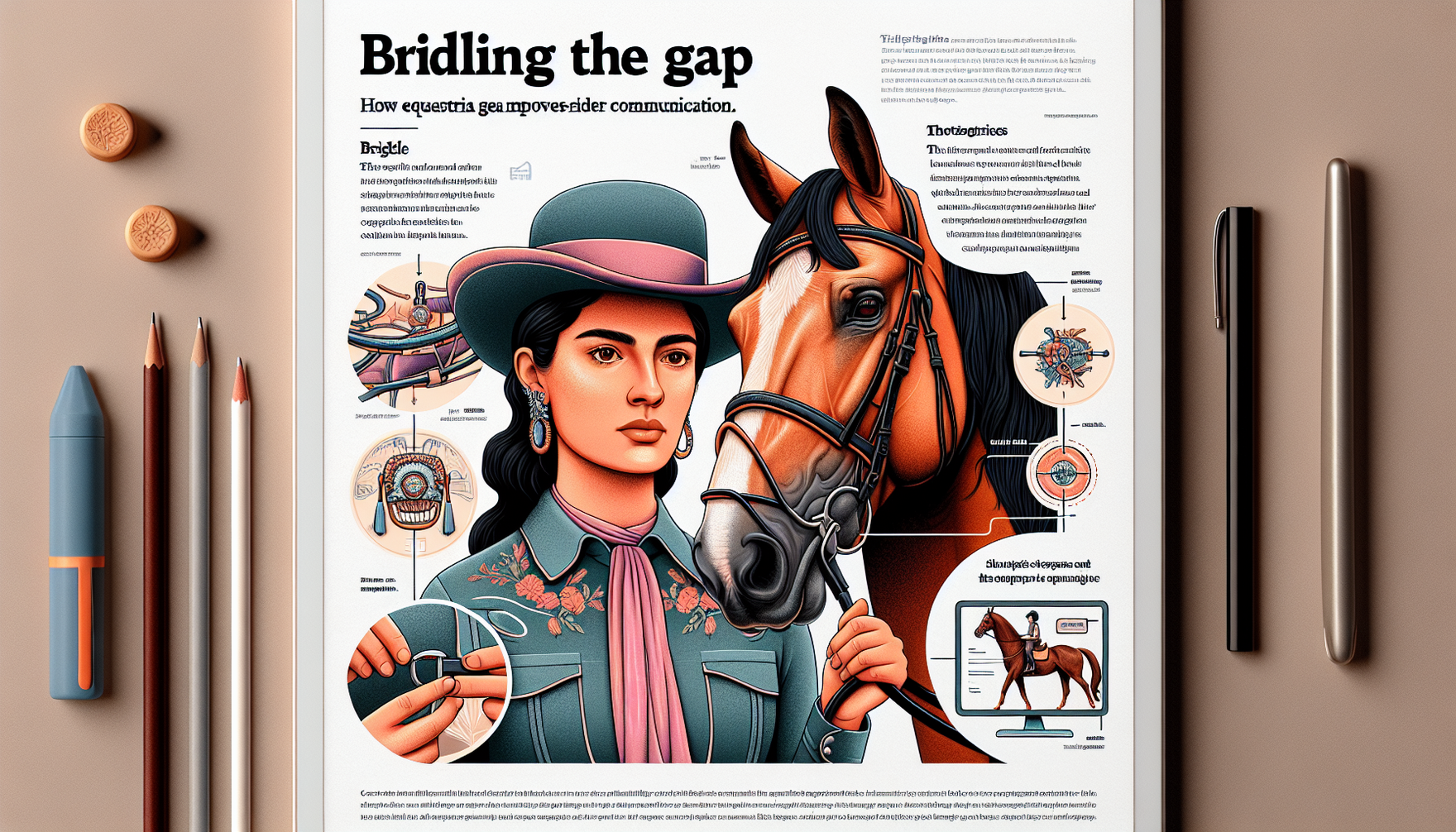 Create an informative illustration representing the idea of 'Bridling the Gap: How Equestrian Gear Improves Horse-Rider Communication.' Feature a detailed cross-section of a horse's head, specifically