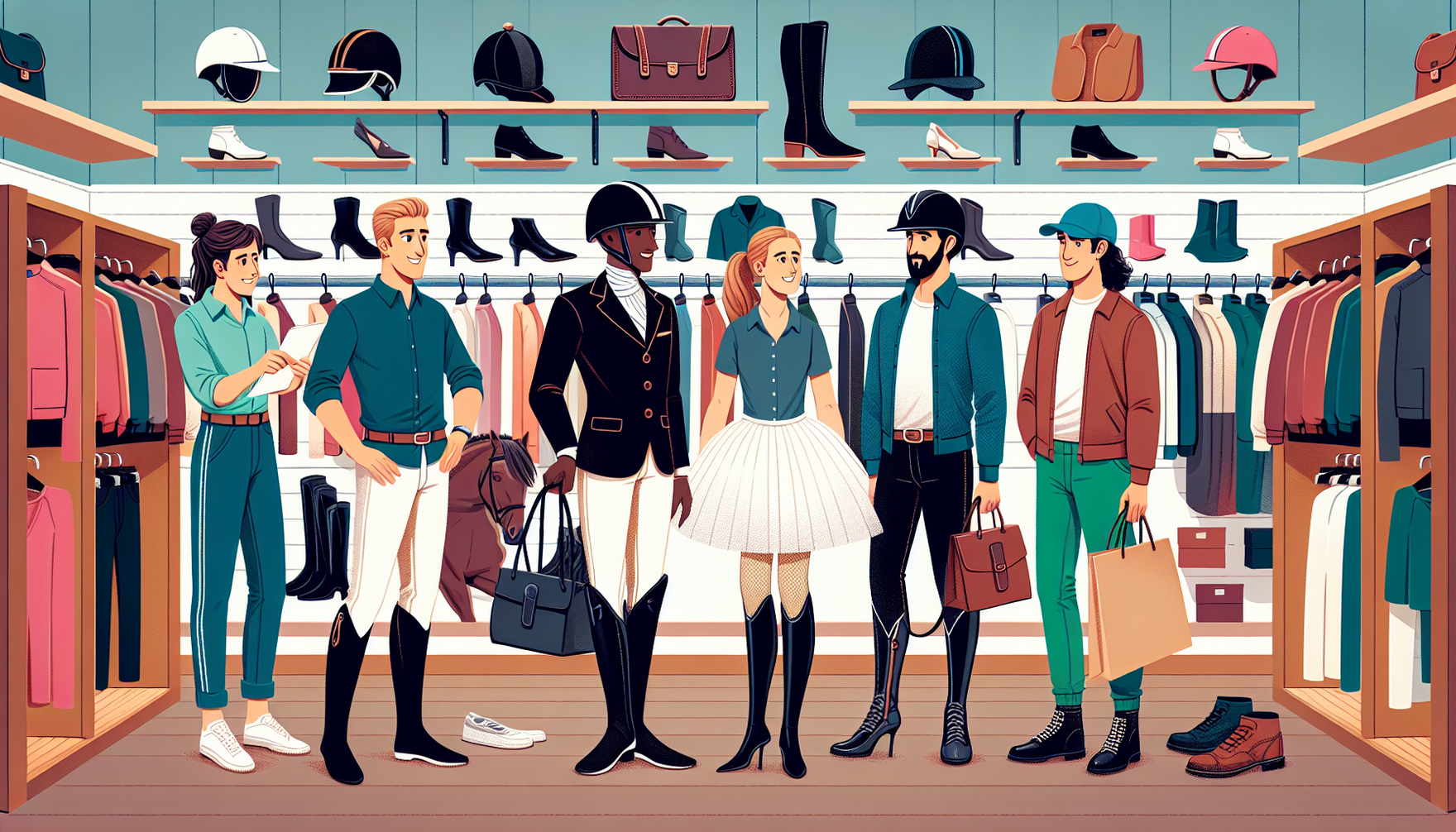 Illustrative image of people making wrong choices while selecting equestrian apparel. This might include a Caucasian woman with blond hair wearing a dressage helmet with casual shorts, a Middle-Easter