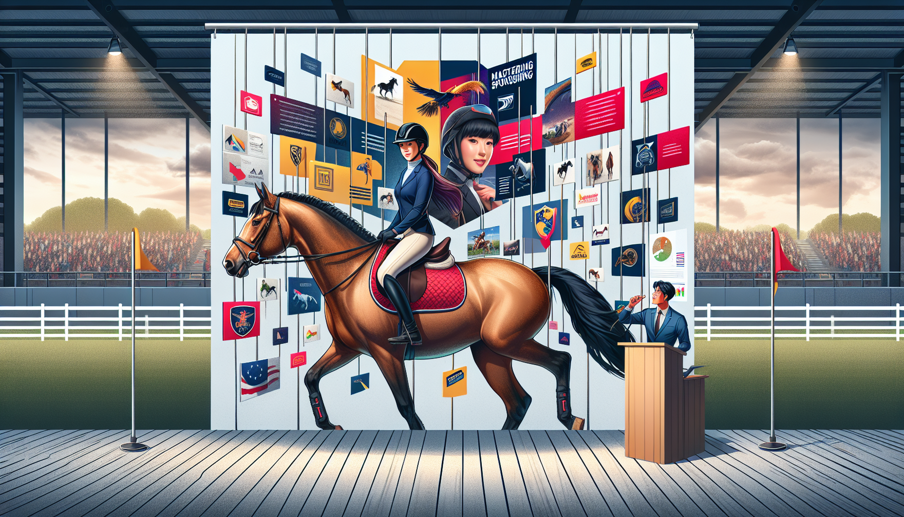 An image showcasing a scene related to the concept of mastering equestrian sponsorship and branding. A confident Asian female equestrian in her riding gear is proudly sitting on a bay horse. Around he