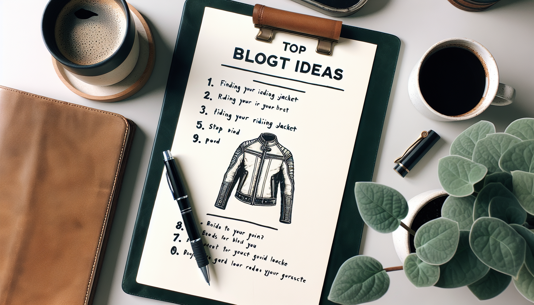 Image of a detailed checklist titled 'Top Blog Post Ideas' on a neat desktop setup. One of the points highlighted bold on the list is 'Finding Your Ideal Riding Jacket'. Surrounding items include a cl