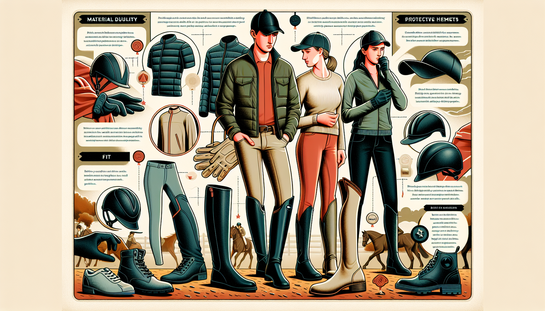 An image illustrating a guide on selecting durable equestrian apparel. The foreground showcases a variety of high-quality riding equipment such as sturdy boots, comfortable breeches, protective helmet