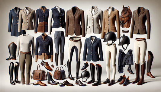 A comprehensive array of fashionable equestrian attire suitable for women aged 40 and above. The collection includes riding boots, perfectly tailored blazers, jodhpurs, and protective helmets. Each it