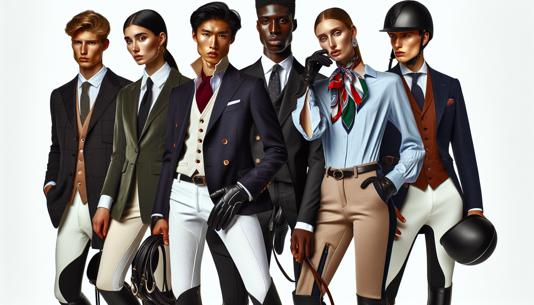 Several stylish equestrian fashion influencers posing for a photoshoot. The first person, a Caucasian woman, is wearing a tailored riding jacket and crisp white riding breeches. Next to her, a Black m