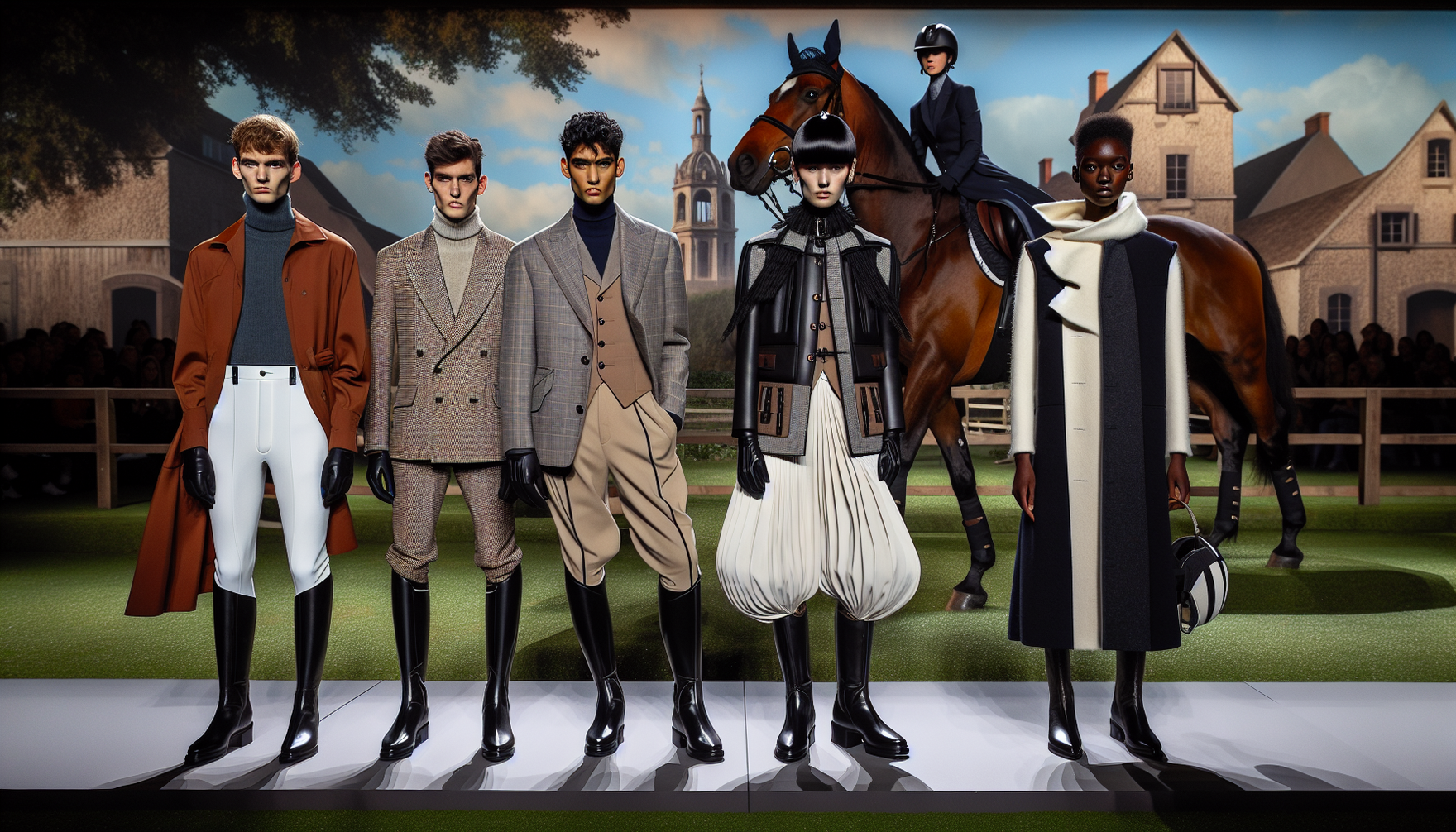 A snapshot from a future runways show featuring 2023's equestrian fashion trends. A diverse collection of male and female models wearing innovative designs drawing inspiration from horse riding gear. 