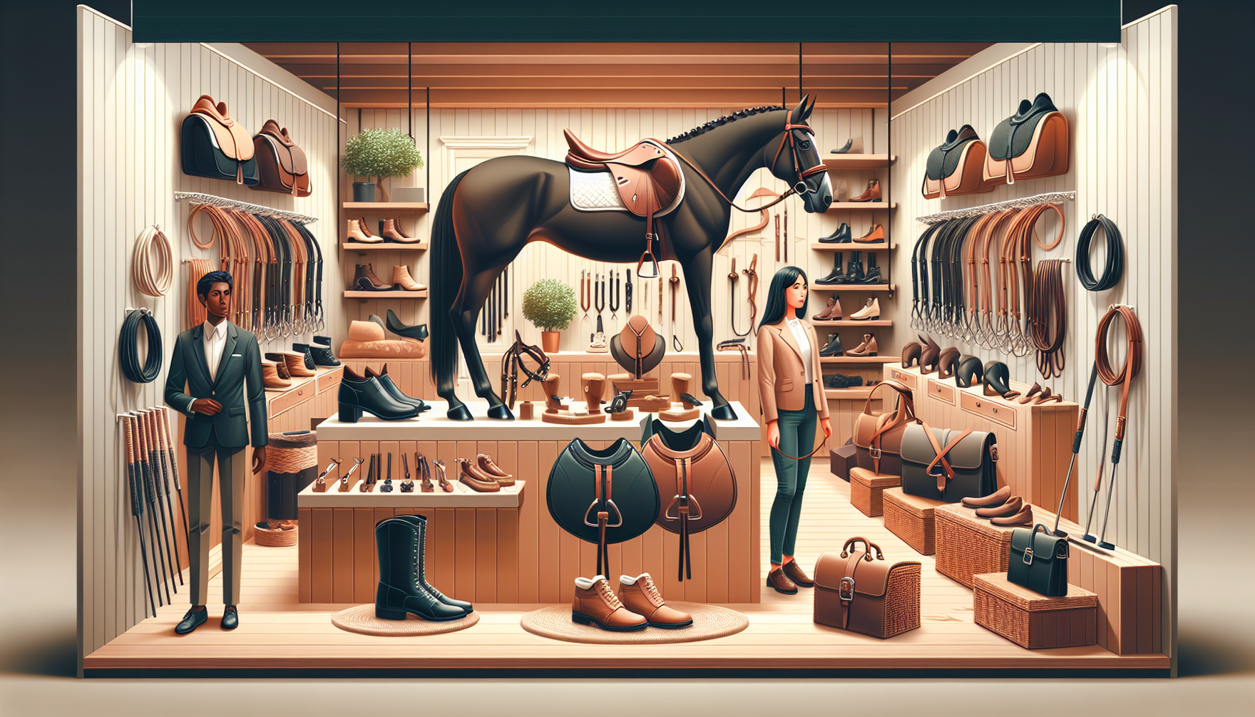 A well-stocked equestrian store showcasing top-notch horse riding gear. The scene includes highest quality riding boots, dressage saddles, horse bridles, and horse grooming tools. Imagine the arrangem