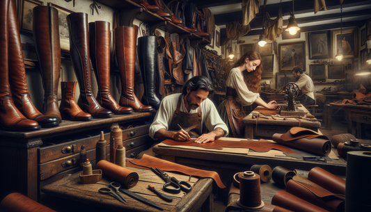 An enlightening scene showcasing the intricate process of crafting bespoke tall boots. Skilled artisans of varying descents, including a Hispanic woman and a Middle-Eastern man can be seen meticulousl