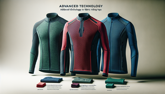 Showcase advanced technology in fabric riding tops. Display three different styles laid out on a neutral surface. The first top should be a long sleeve, with moisture-wicking fabric in a rich sapphire