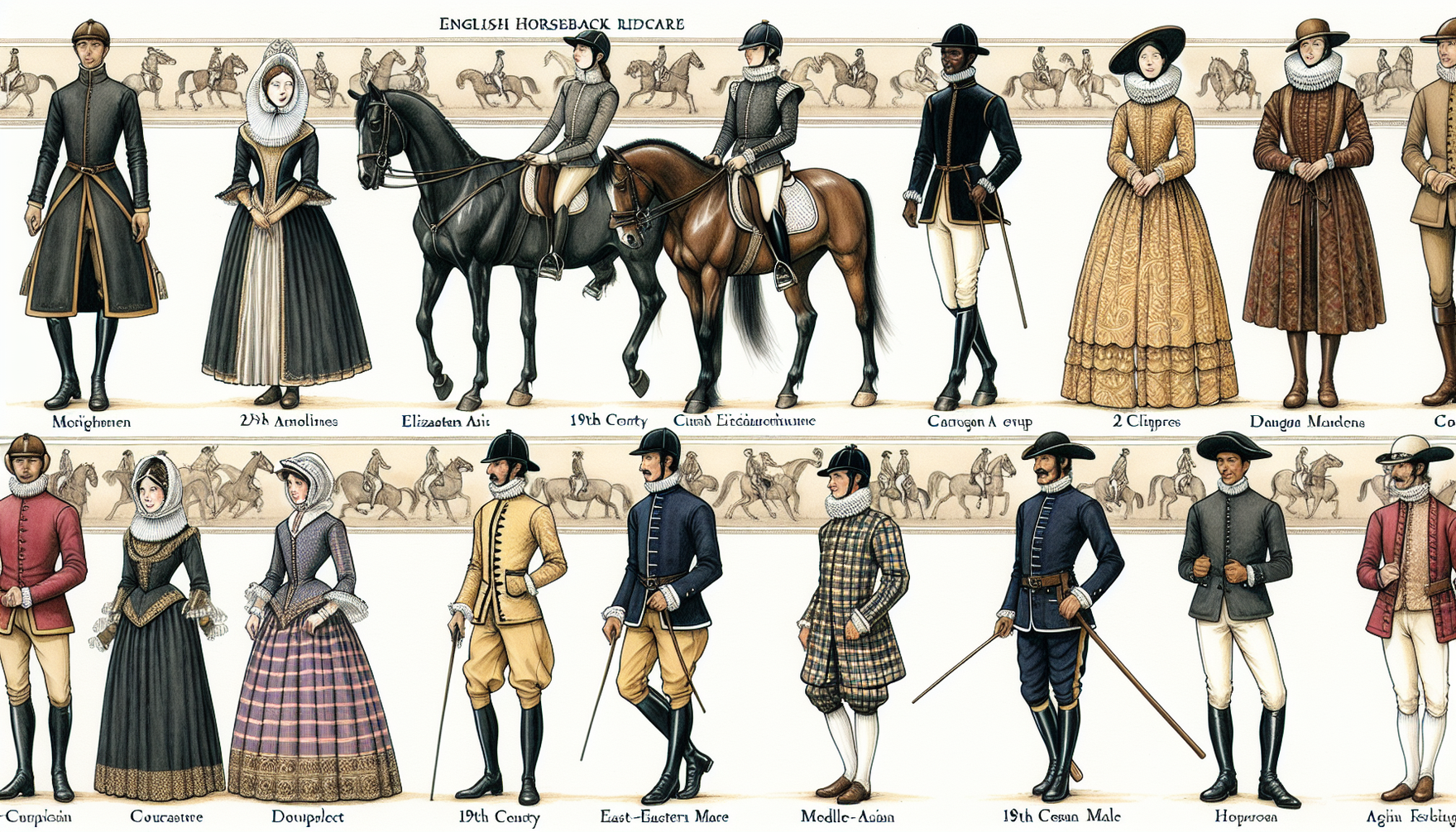 An illustrated timeline depicting the evolution of English horseback riding attire. The timeline should start from medieval times showing a male rider wearing a simple tunic and trousers and a female 