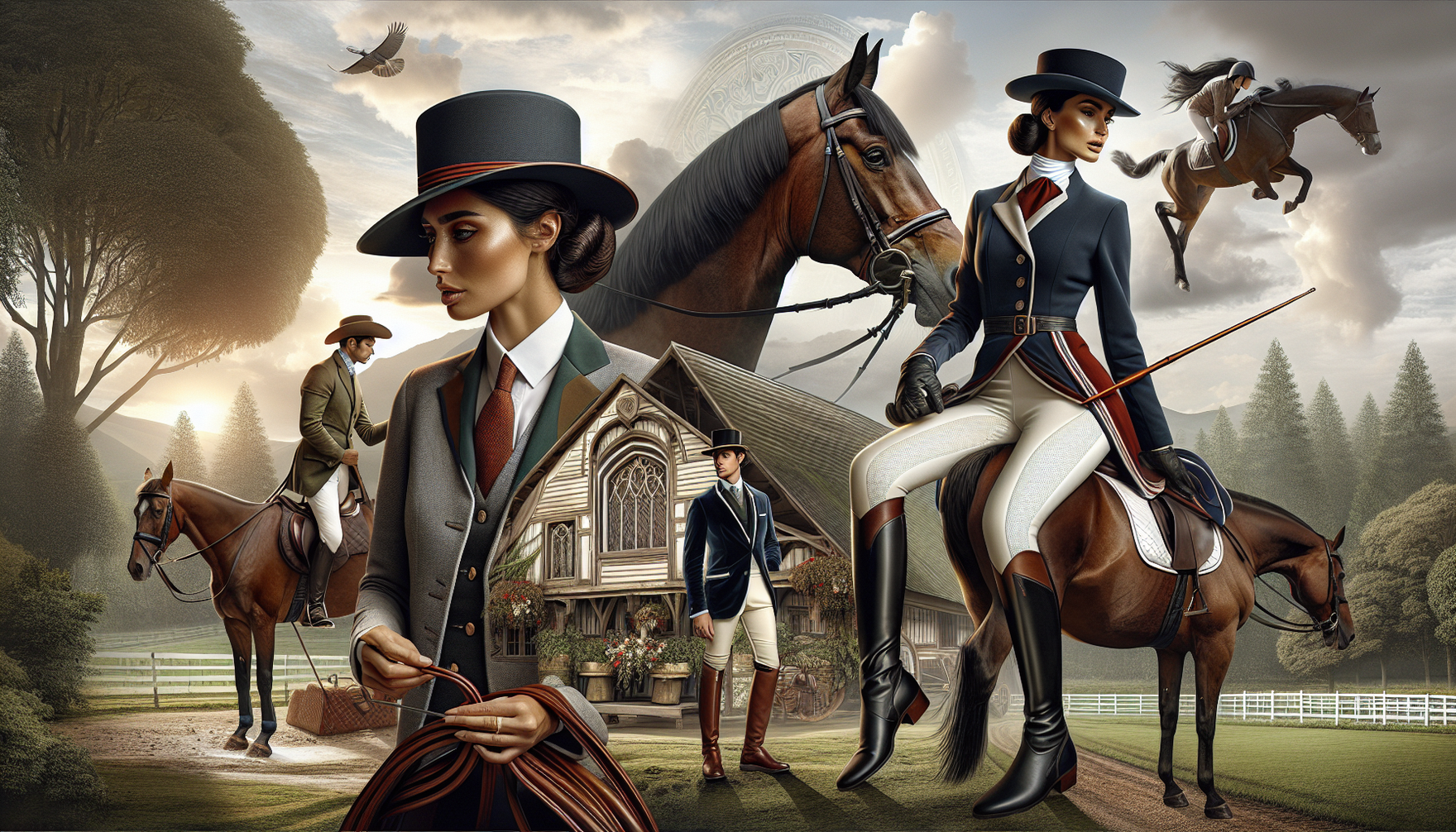 A composition showcasing the resurgence of classic equestrian fashion. In the foreground, a South Asian woman in a traditional riding hat, jacket, and boots, holding a riding crop. In the midground, a