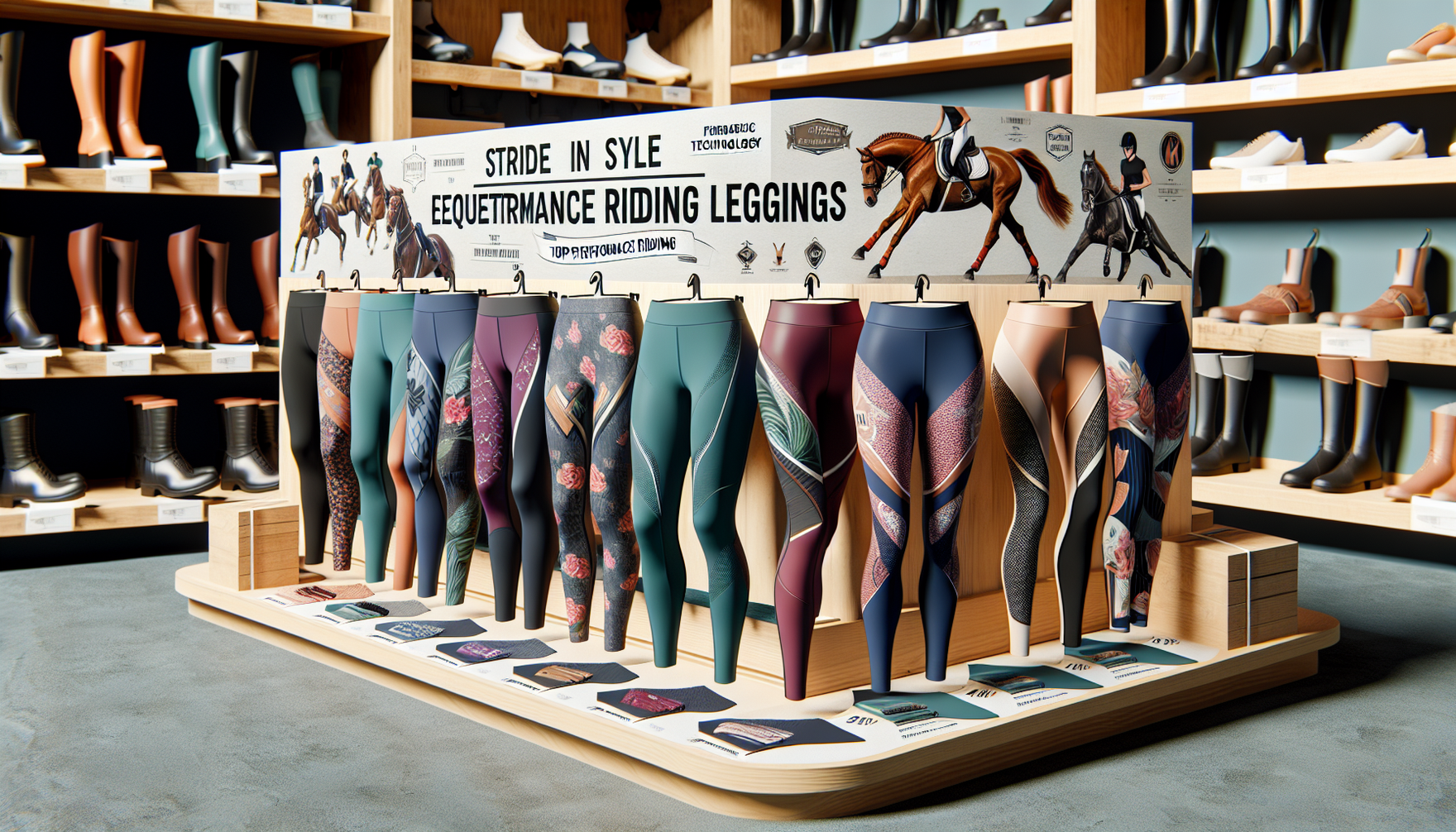 Visualize a store shelf showcasing an array of high-performance equestrian riding leggings. They are designed in vibrant hues, featuring advanced fabric technology for ideal comfort and stretch. They 