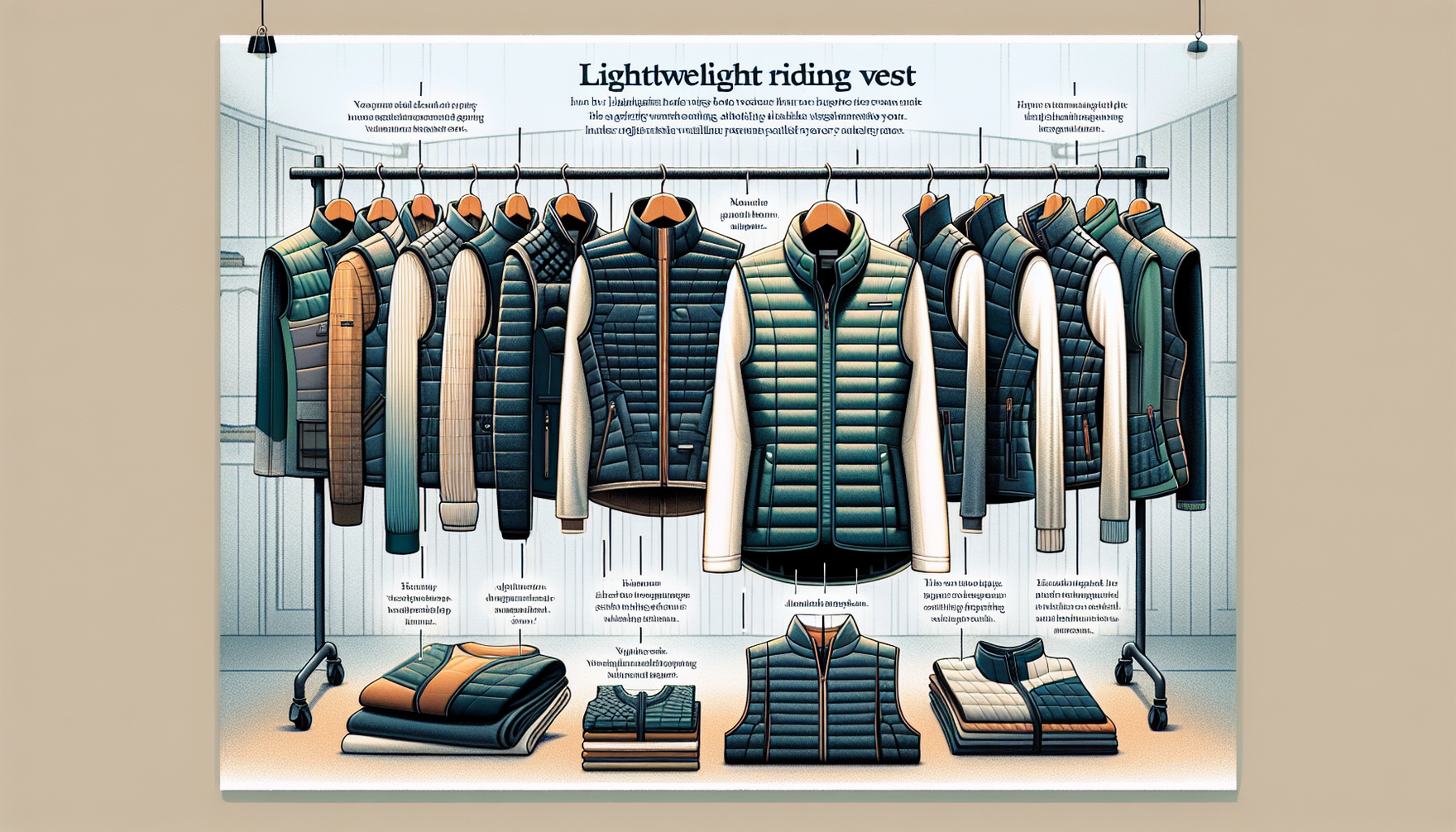 An educational representation of how to utilize lightweight riding vests throughout the year. The image depicts a variety of lightweight riding vests in different styles, colors, and materials hanging