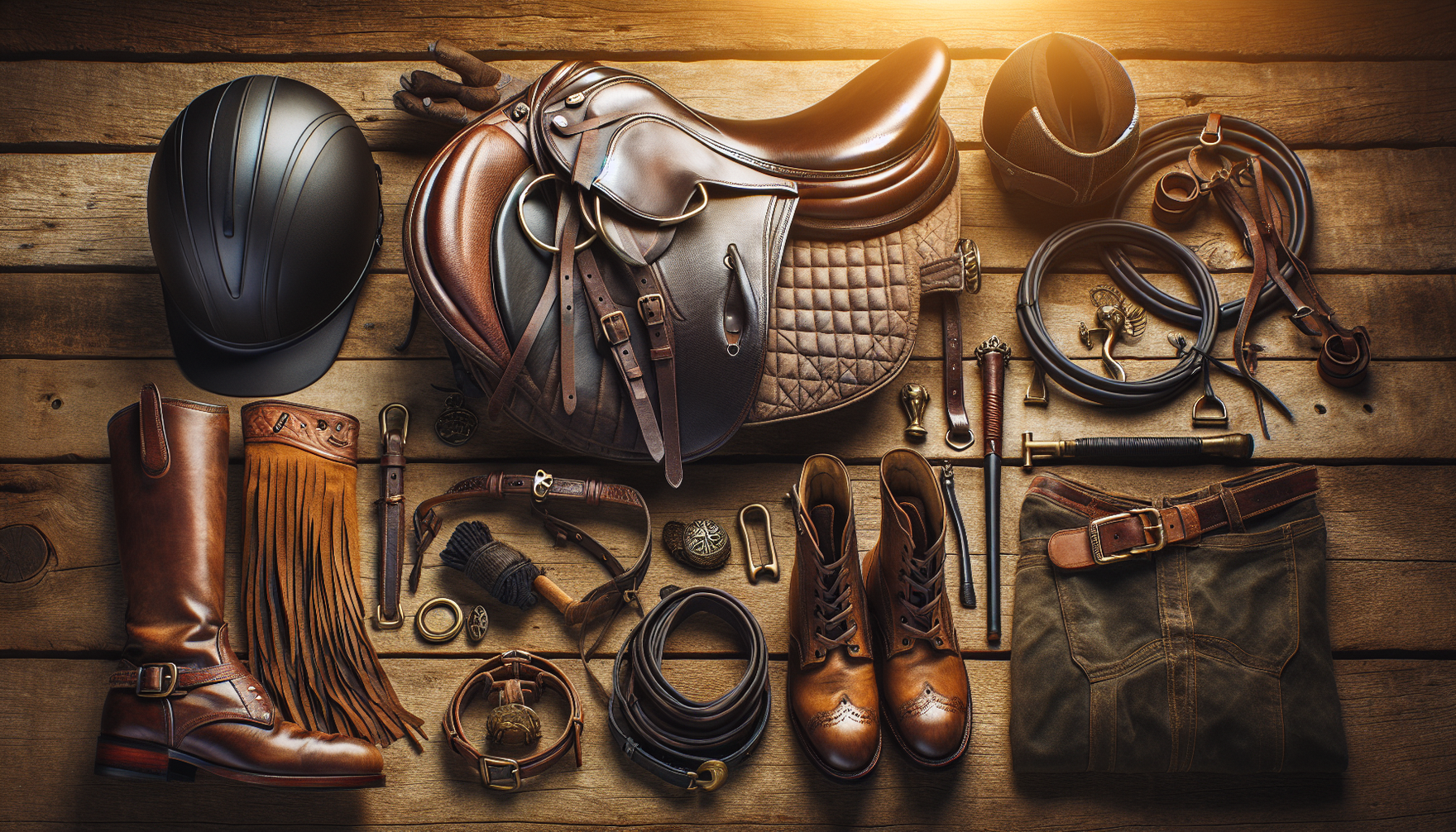Create an image showcasing the essential equestrian gear recommended for trail riding. The items should include, but are not limited to, a durable saddle, leather bridle, helmet for safety, riding boo