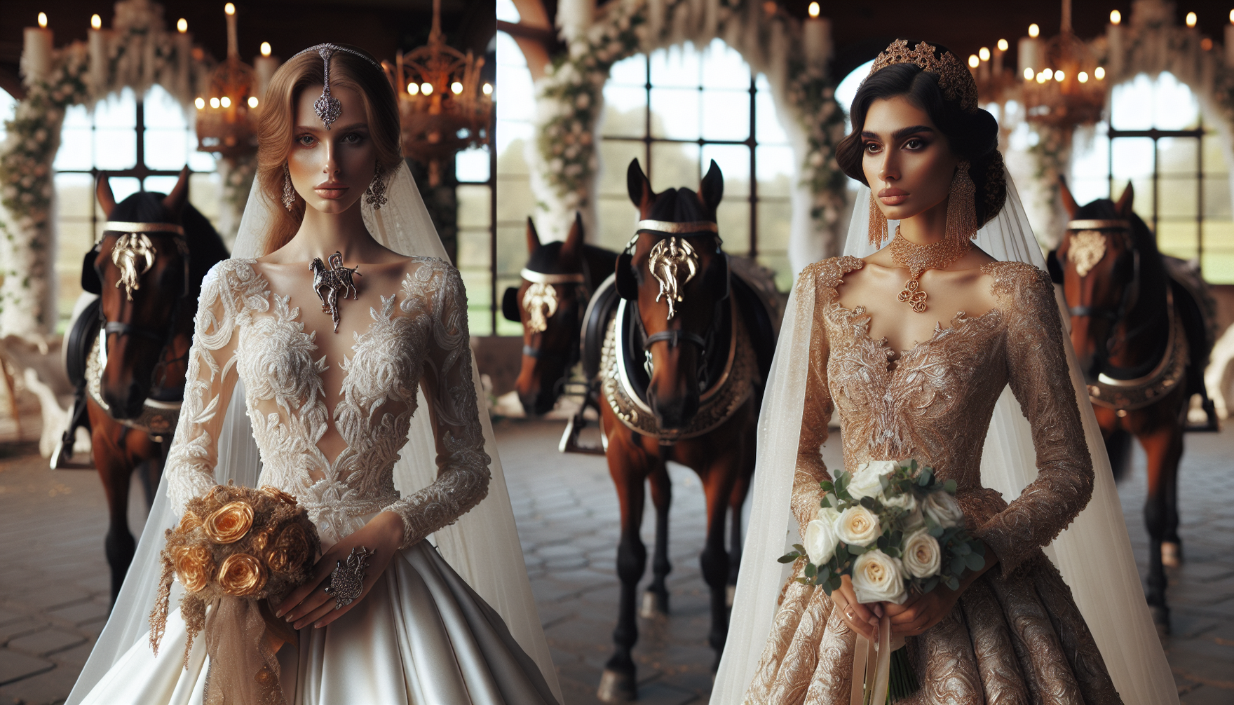 An elegant wedding scene with a theme centered around horses. Two brides, one Caucasian with a long, flowing white dress and the other South Asian adorned in a richly embroidered light gold bridal att