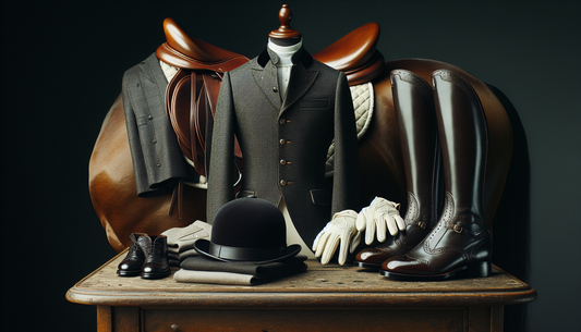 Imagine an elegant scene of a stylish horse riding outfit arranged neatly. The gear consists of an exquisite riding hat, a tasteful jacket, a pair of high-quality jodhpurs, tall glossy riding boots an