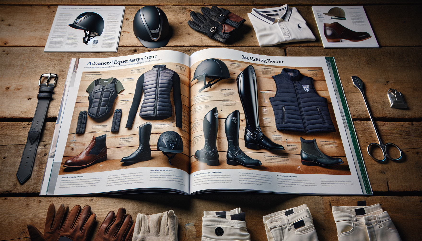 An in-depth guide on advanced equestrian safety gear displayed open on a wooden table: helmets, boots, vests, gloves, and breeches. The left page details the importance of an approved, fitting, and co