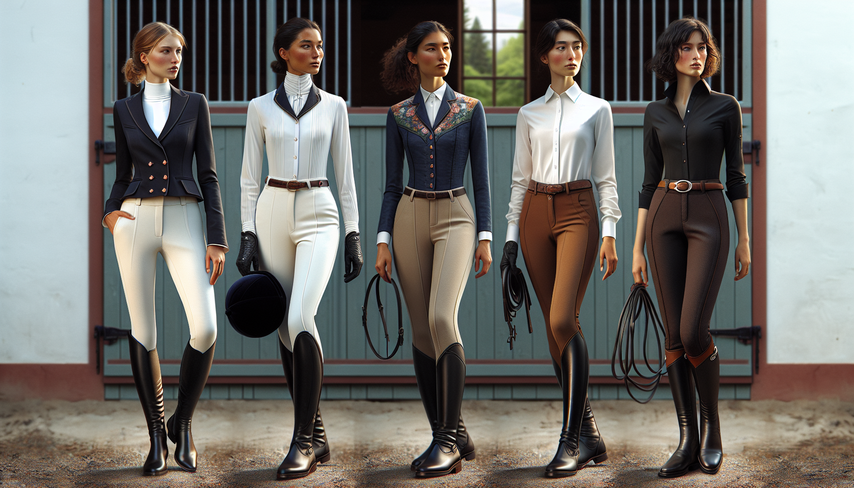 Five essential equestrian outfits for women riders set against a backdrop of a traditional stable. Outfit one is sported by a White woman in her 20s, showcasing a classic riding jacket, jodhpurs and p