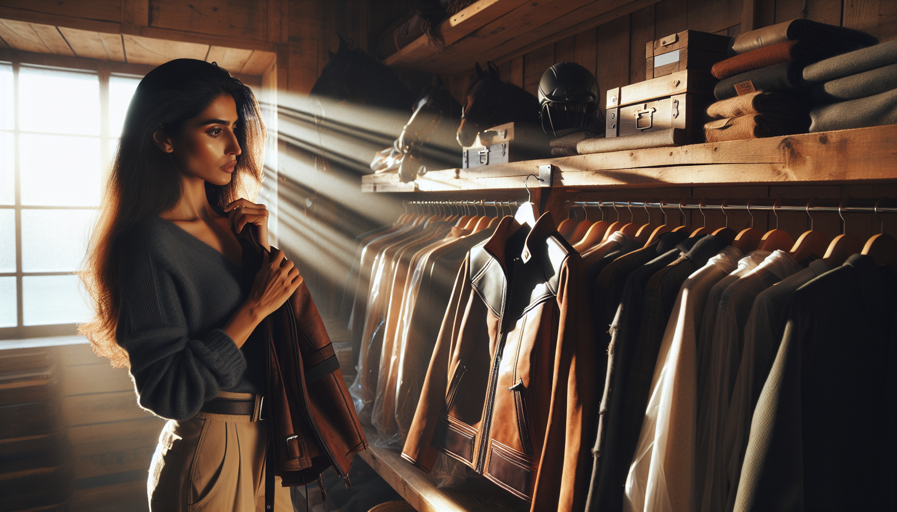 Imagine a South Asian woman carefully selecting an equestrian jacket from a well-organised rack in a boutique store. The store has a rustic, country aesthetic with wooden shelves stacked with various 