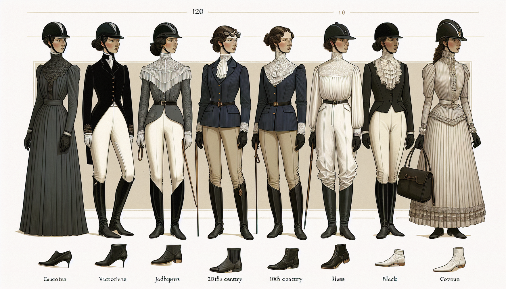 Create a timeline-style image showcasing the evolution of women's equestrian attire through various historical periods. From the long, flowing riding habits of the Victorian era where the ensemble wou