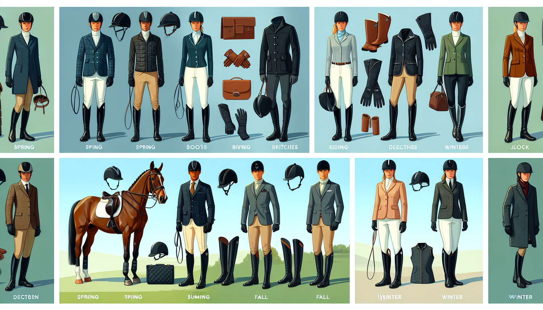 Showcase an essential equestrian wardrobe suitable for all four seasons. In the array, display diverse styles of riding apparel including boots, riding britches, gloves, helmets, and jackets appropria