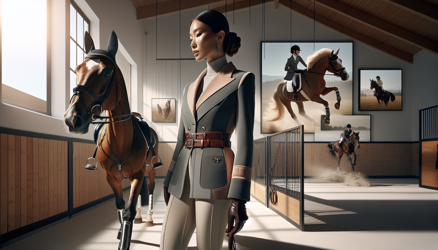 An image depicting equestrian fashion mixed with a contemporary aesthetic. In the foreground, an Asian woman dressed in a classic riding jacket and breeches, featuring sleek lines and modern stylish u