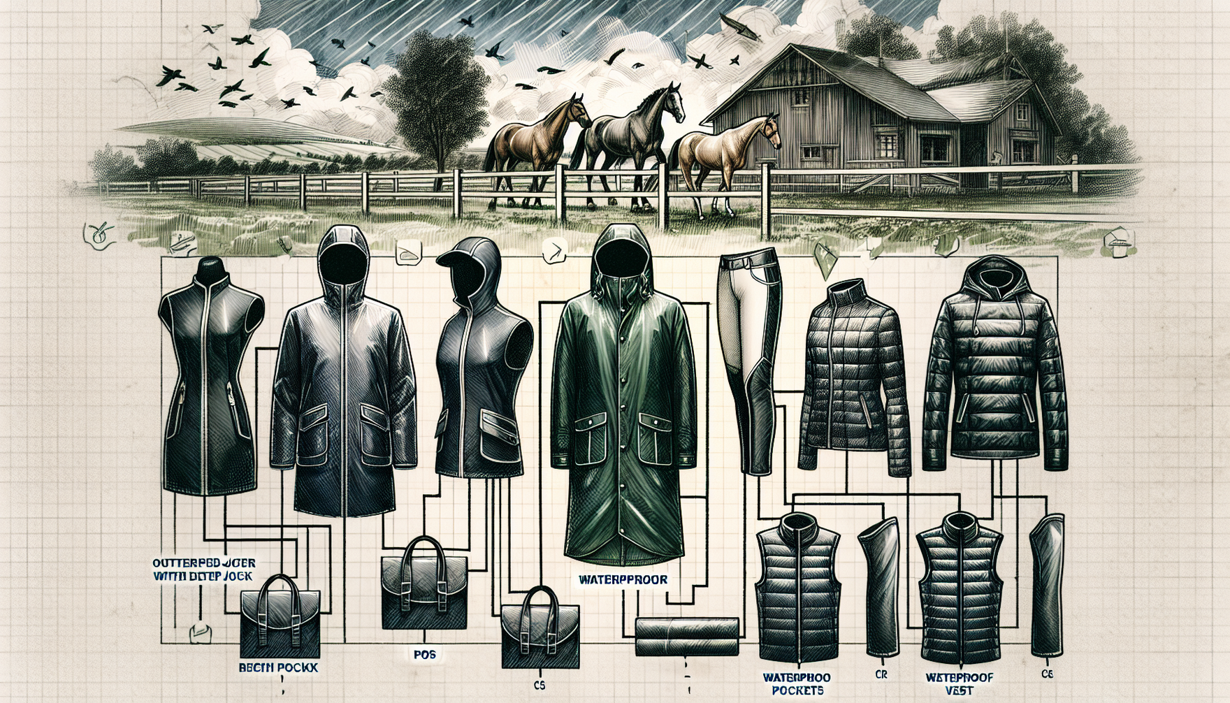 Envision an educational image that showcases a variety of waterproof outerwear options for horse riders of various descent and genders. There should be distinct sections devoted to each option like a 