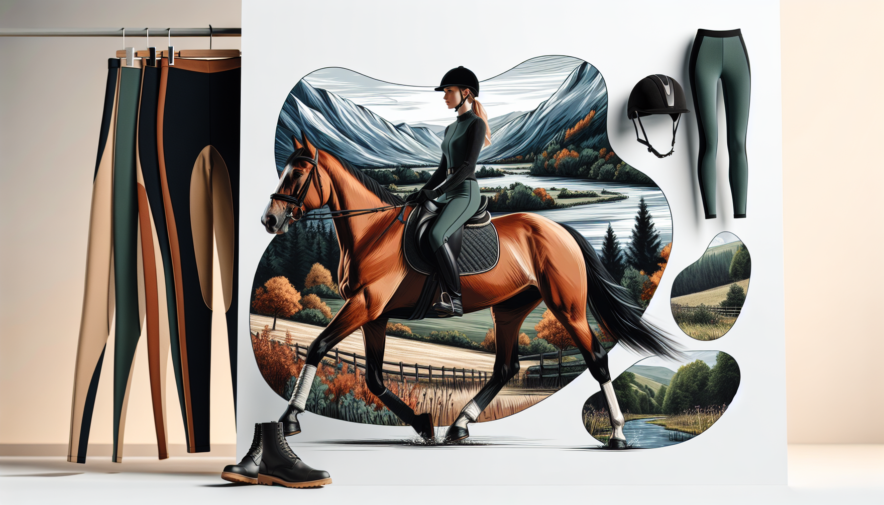 Picture a comfortably styled scene focusing on the use of riding leggings. Envision a Caucasian woman dressed in a pair of dark, form-fitting riding leggings, mounted on a vibrant chestnut horse. She'
