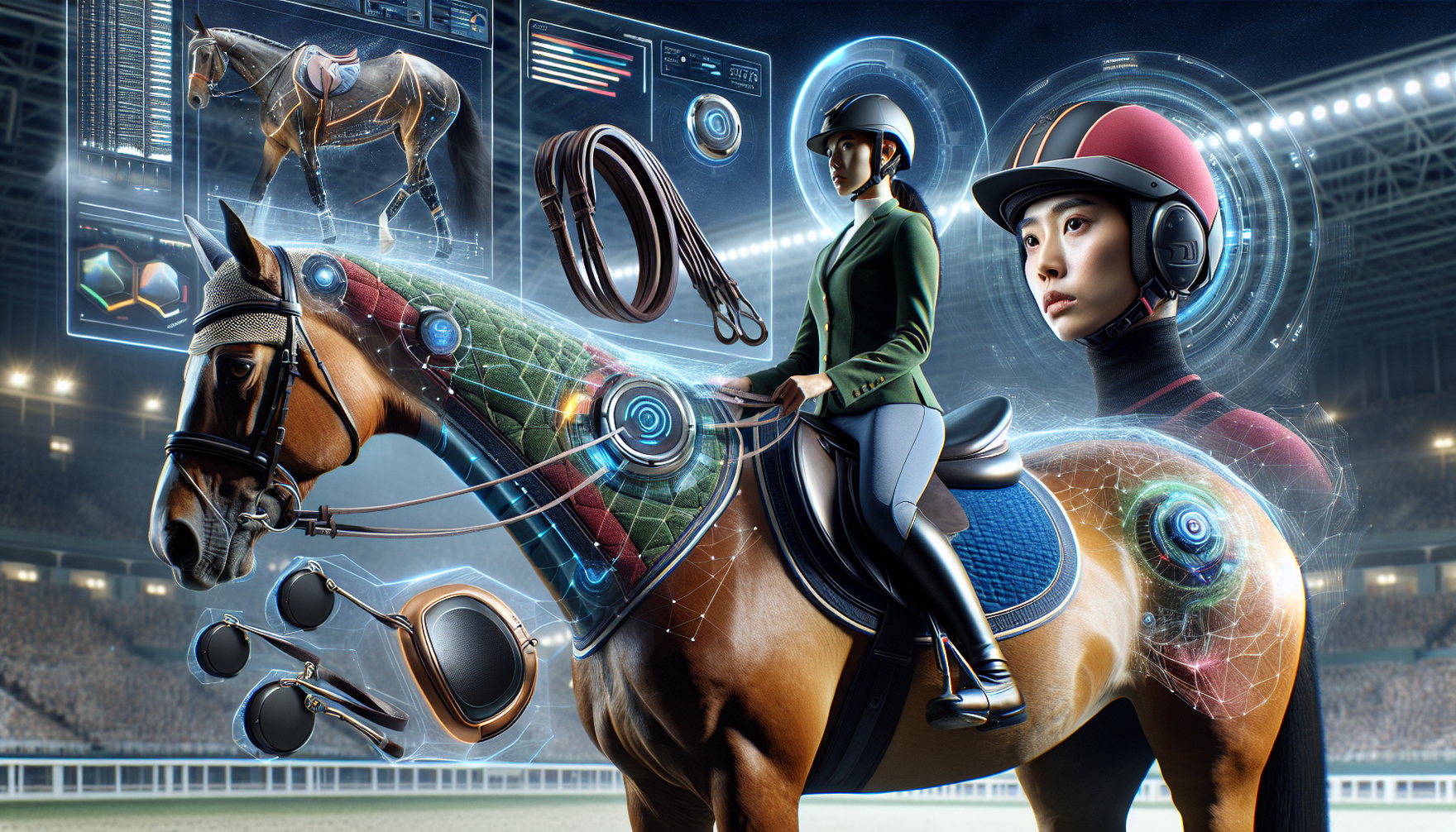 Depict an intriguing blend of traditional equestrian gear with modern technology. Imagine a horse with its sleek, high-tech saddle equipped with sensor-based systems for performance tracking. Think of