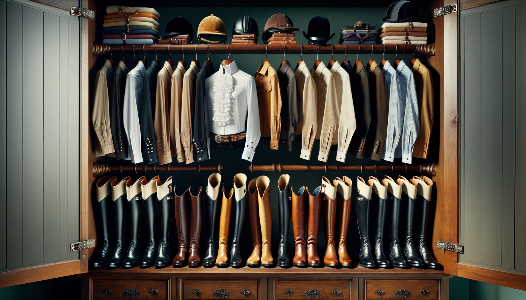 Imagine transforming your equestrian wardrobe. Picture a wooden wardrobe filled with diverse riding outfits. On the right side, a collection of black and tan leather riding boots meticulously polished