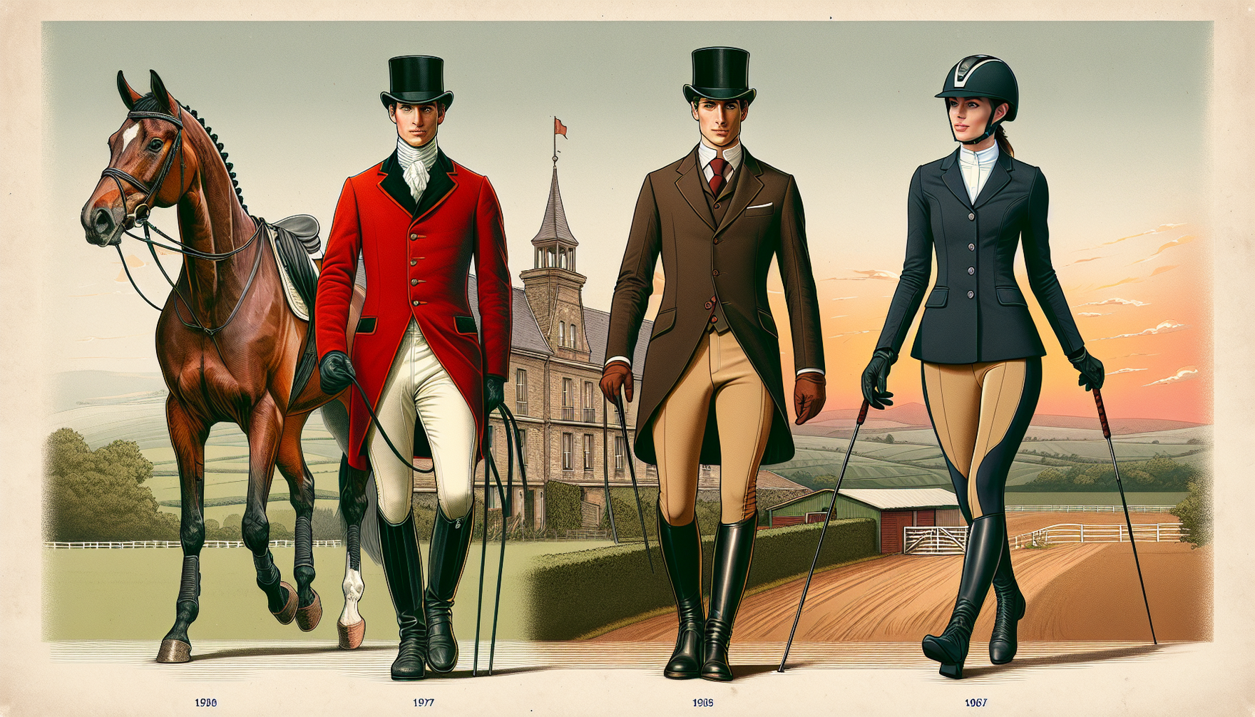 A visual representation showing the evolution of equestrian style. On one side, illustrate a classic horseman from the 19th century, sporting a traditional riding outfit with high-boots, a hunting cap